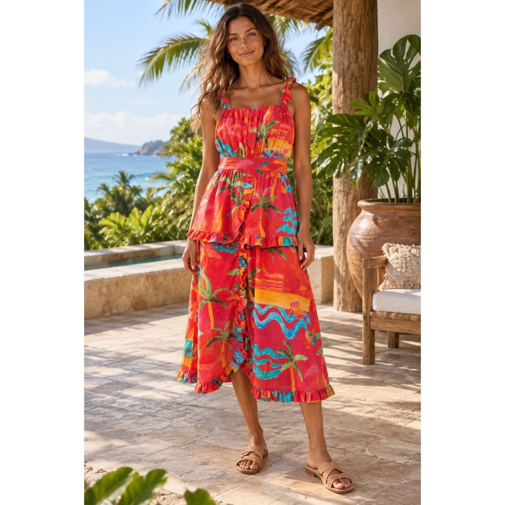 Farm Rio Ipanema Anthropologie Tropical Midi Dress L Red Ruffle Resort Cotton